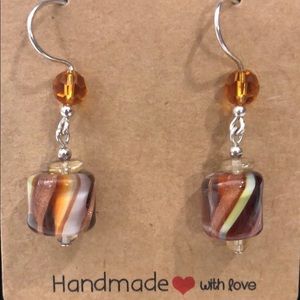 ARTISAN LAMPWORK EARRING - 925 STERLING SILVER DANGLE AMBER DRUM BARREL BEADS